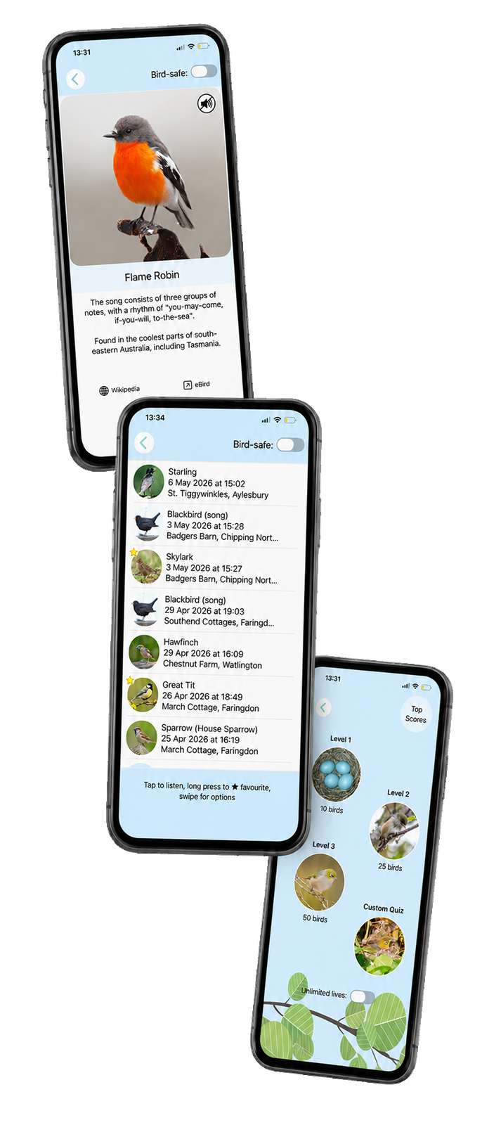 Three ChirpOMatic Pro screens: a species reference page, a library of saved recordings with dates and locations, and the quiz
